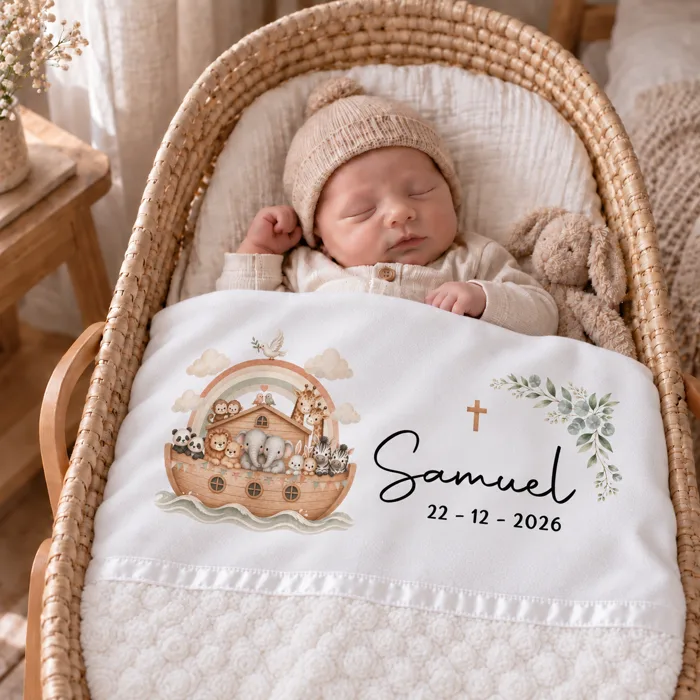 Babydeken met naam Samuel en geboortedatum, met Ark van Noach